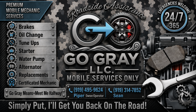 Black, silver, and blue promotional flyer for Go Gray LLC mobile mechanic services.