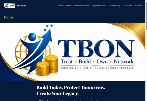 Desktop homepage preview of the TBON LLC website designed and set up by Visionary Flare.